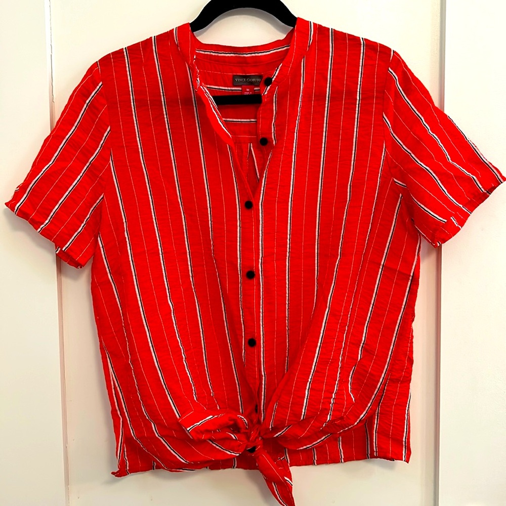 Vince Camuto red stripe oversized button down top with front tie